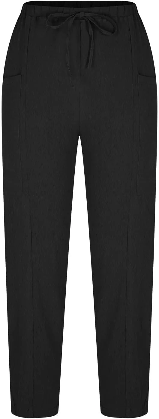 Womens Cotton Linen Pants with Front Pockets Summer Straight Leg Cropped Trousers Casual Comfy Capri Pant Solid Color