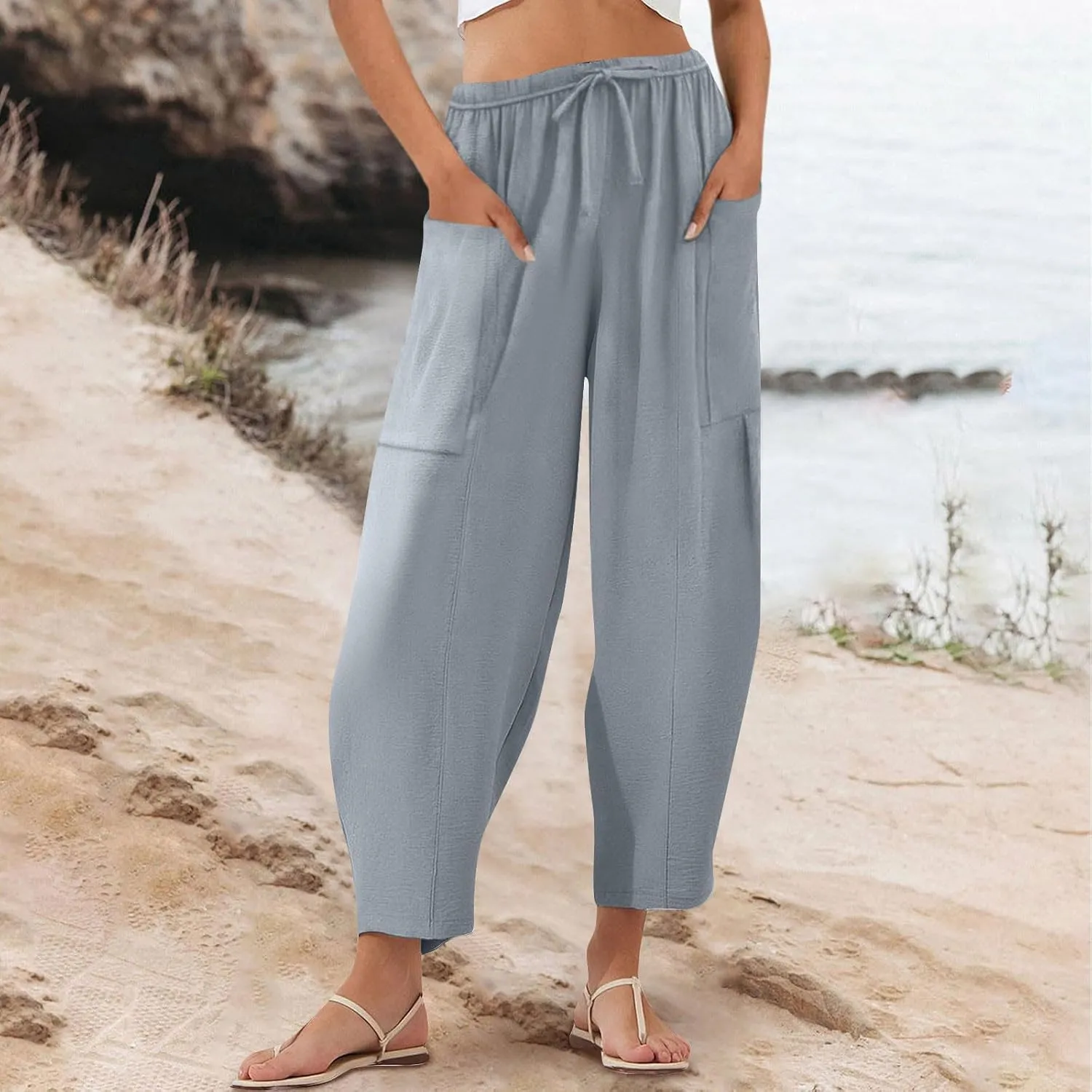 Womens Cotton Linen Pants with Front Pockets Summer Straight Leg Cropped Trousers Casual Comfy Capri Pant Solid Color
