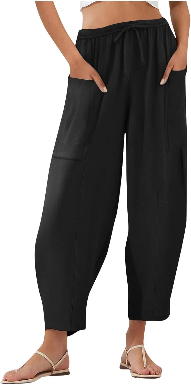 Womens Cotton Linen Pants with Front Pockets Summer Straight Leg Cropped Trousers Casual Comfy Capri Pant Solid Color