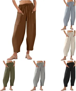 Womens Cotton Linen Pants with Front Pockets Summer Straight Leg Cropped Trousers Casual Comfy Capri Pant Solid Color