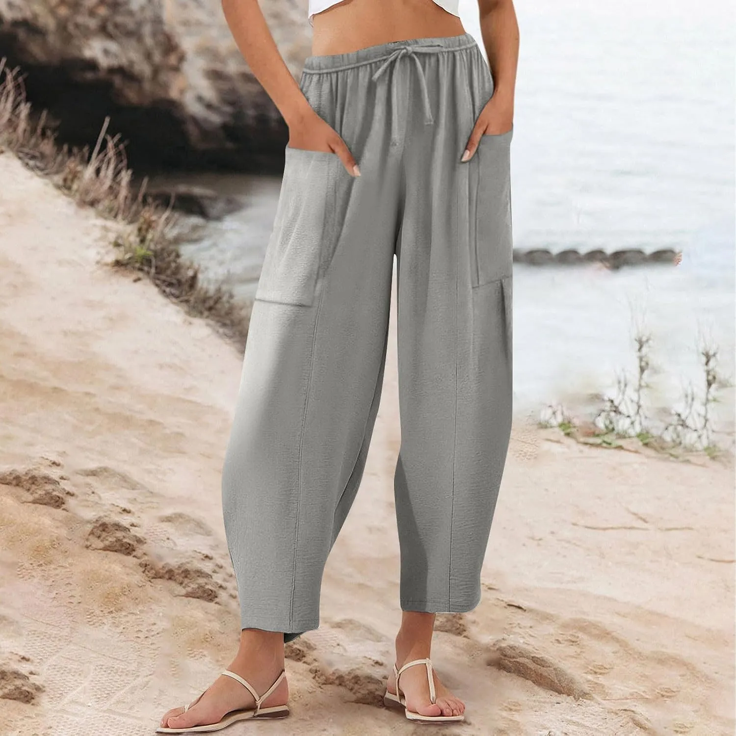 Womens Cotton Linen Pants with Front Pockets Summer Straight Leg Cropped Trousers Casual Comfy Capri Pant Solid Color