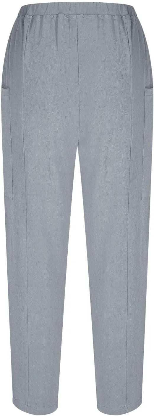 Womens Cotton Linen Pants with Front Pockets Summer Straight Leg Cropped Trousers Casual Comfy Capri Pant Solid Color