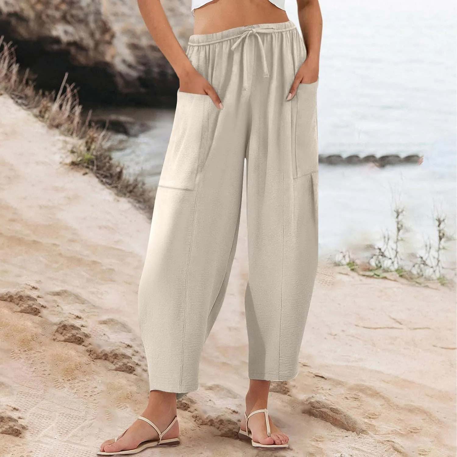 Womens Cotton Linen Pants with Front Pockets Summer Straight Leg Cropped Trousers Casual Comfy Capri Pant Solid Color