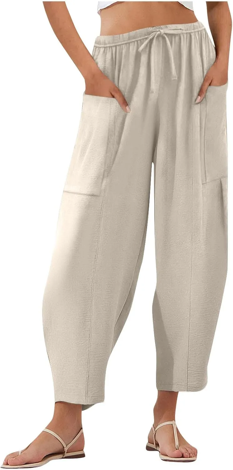 Womens Cotton Linen Pants with Front Pockets Summer Straight Leg Cropped Trousers Casual Comfy Capri Pant Solid Color