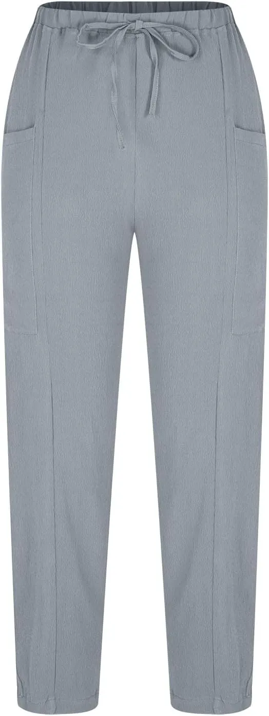 Womens Cotton Linen Pants with Front Pockets Summer Straight Leg Cropped Trousers Casual Comfy Capri Pant Solid Color