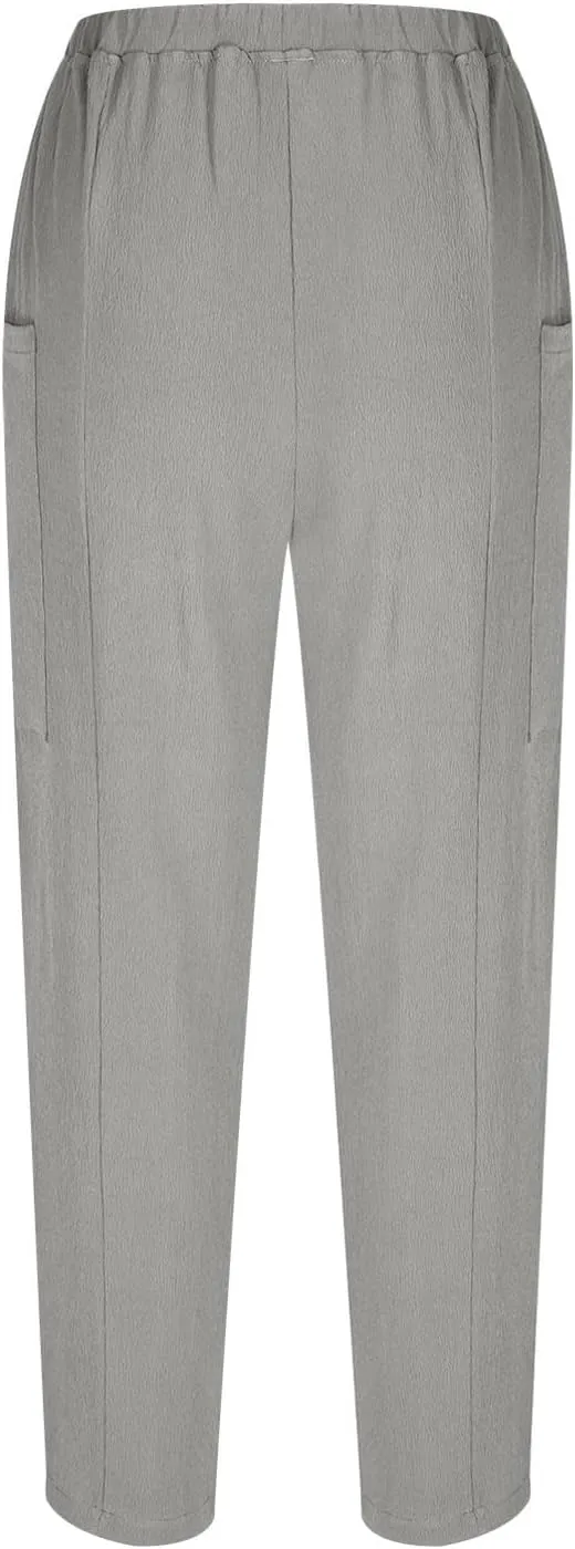 Womens Cotton Linen Pants with Front Pockets Summer Straight Leg Cropped Trousers Casual Comfy Capri Pant Solid Color