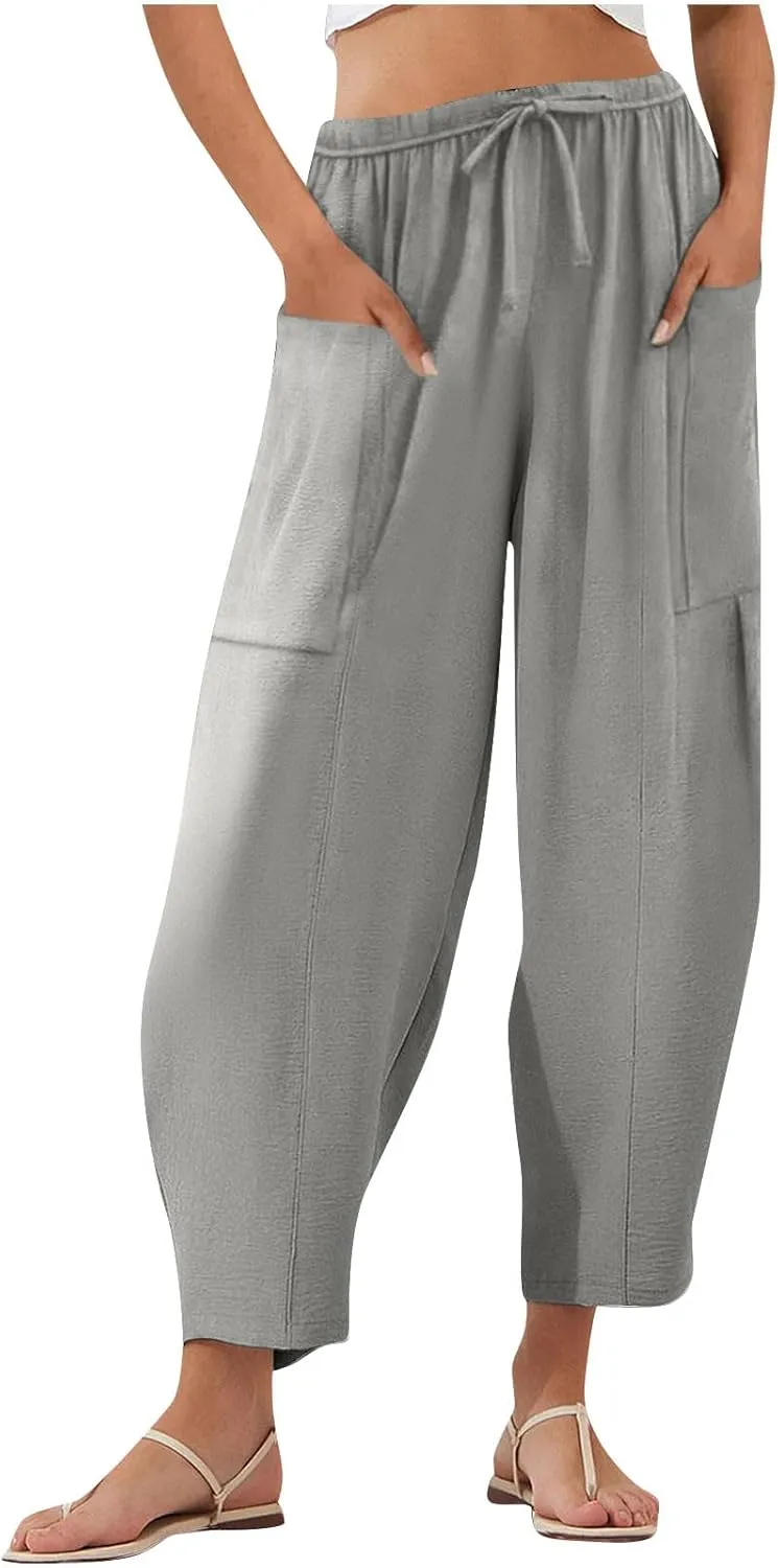 Womens Cotton Linen Pants with Front Pockets Summer Straight Leg Cropped Trousers Casual Comfy Capri Pant Solid Color