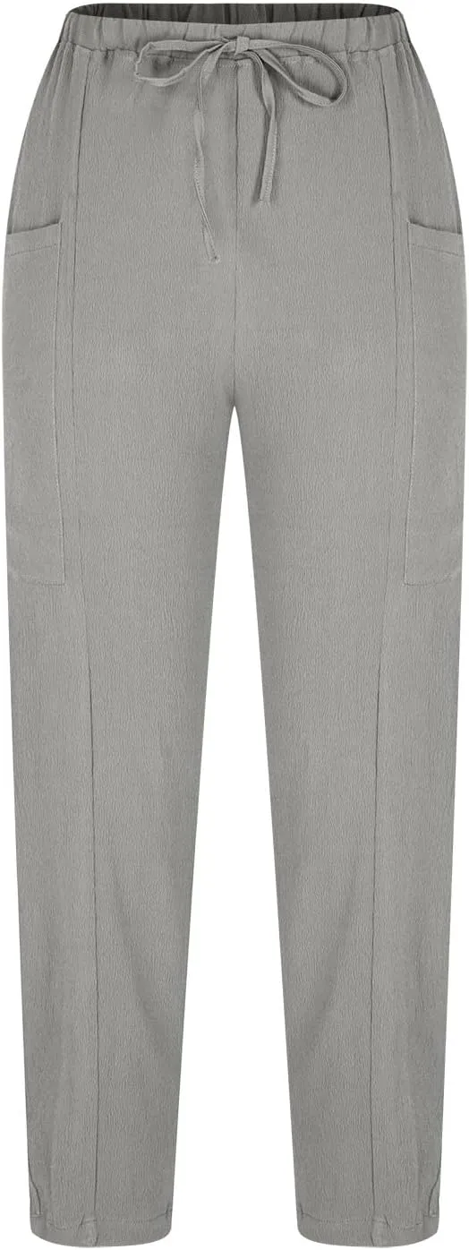 Womens Cotton Linen Pants with Front Pockets Summer Straight Leg Cropped Trousers Casual Comfy Capri Pant Solid Color