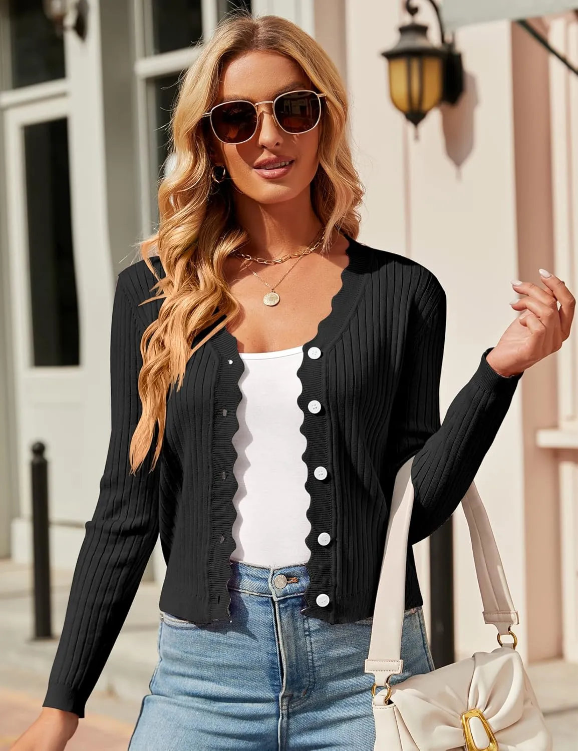 Womens Cropped Cardigan Knit Shrugs for Dresses Tops V Neck Button Down Cardigans Sweaters