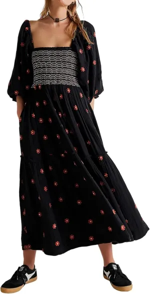 Women's Elasticity Embroidered Maxi Dress Lantern Sleeve Square Neck Tiered Flowy Vintage Long Dress