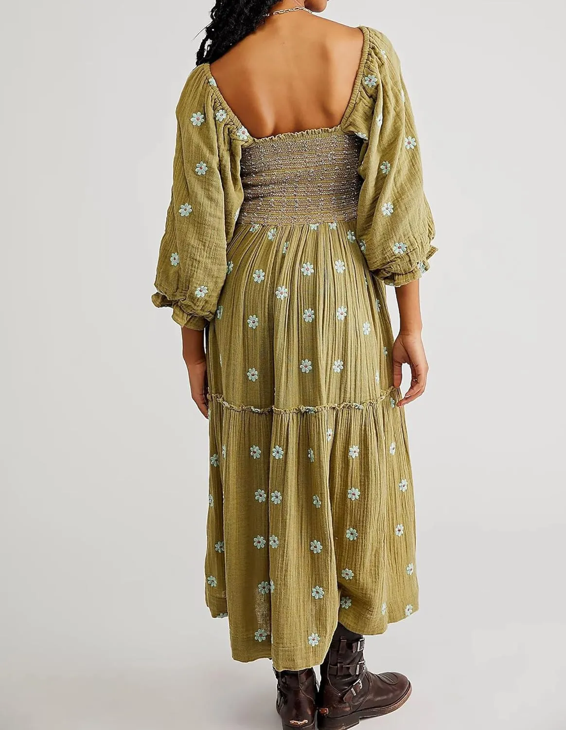 Women's Elasticity Embroidered Maxi Dress Lantern Sleeve Square Neck Tiered Flowy Vintage Long Dress