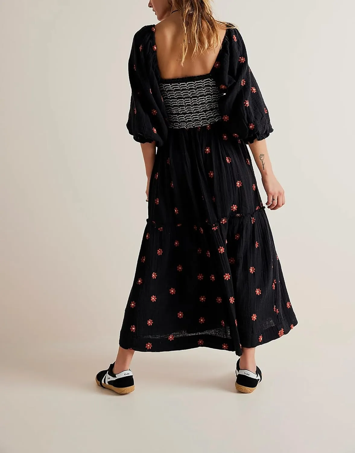 Women's Elasticity Embroidered Maxi Dress Lantern Sleeve Square Neck Tiered Flowy Vintage Long Dress