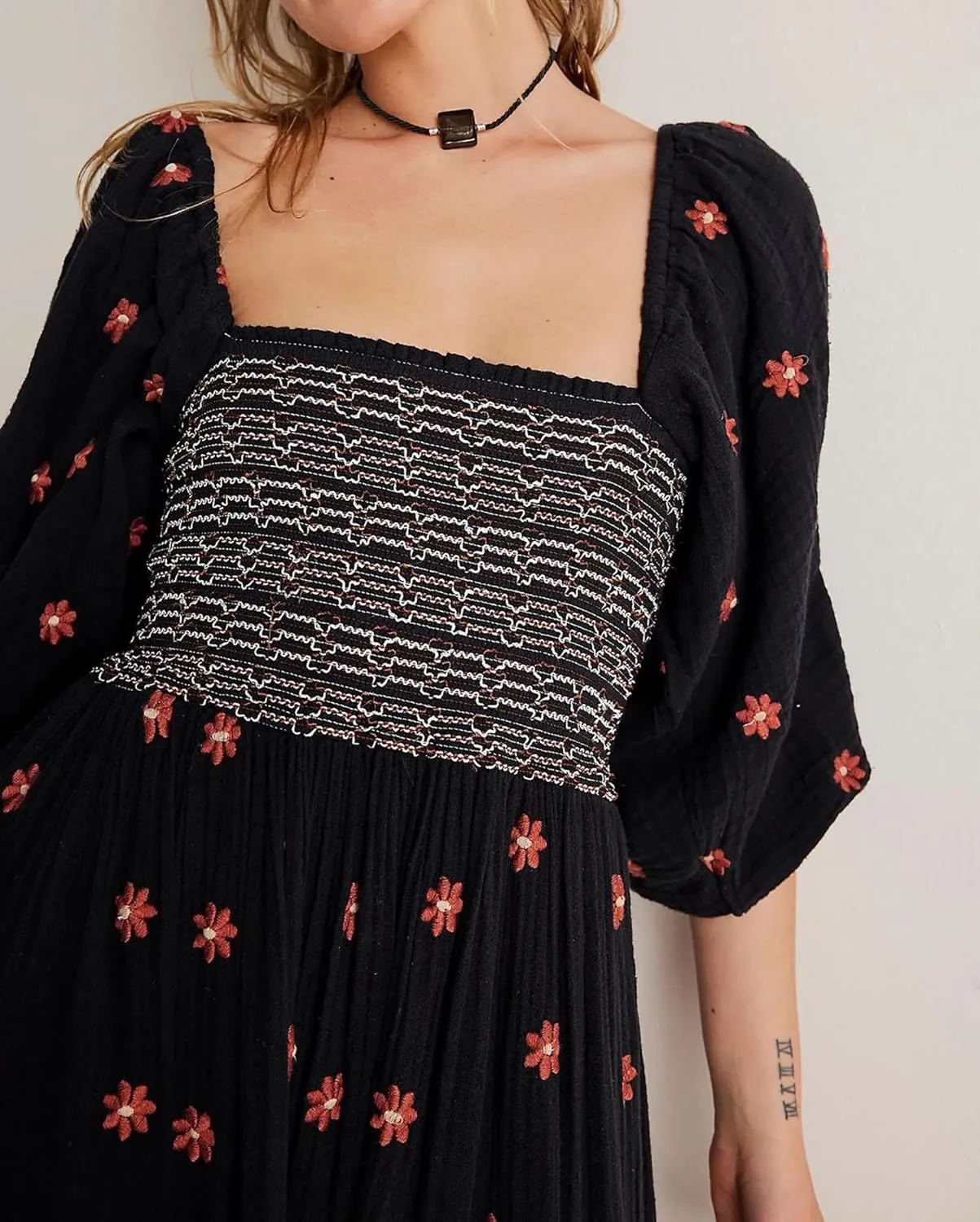 Women's Elasticity Embroidered Maxi Dress Lantern Sleeve Square Neck Tiered Flowy Vintage Long Dress