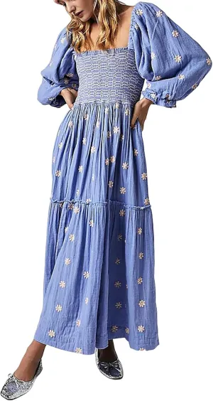 Women's Elasticity Embroidered Maxi Dress Lantern Sleeve Square Neck Tiered Flowy Vintage Long Dress