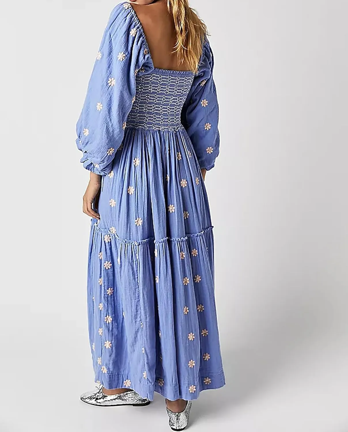 Women's Elasticity Embroidered Maxi Dress Lantern Sleeve Square Neck Tiered Flowy Vintage Long Dress