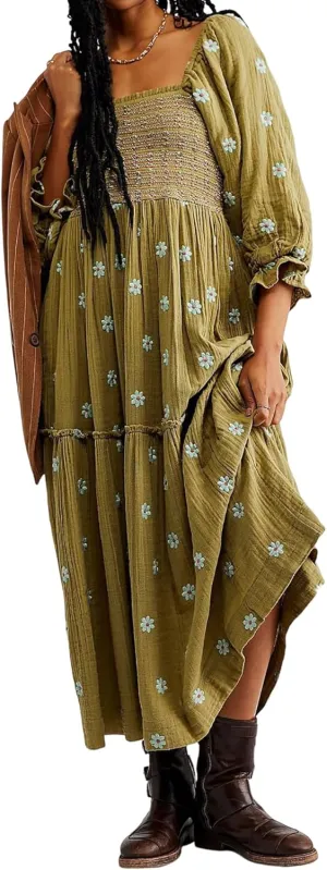 Women's Elasticity Embroidered Maxi Dress Lantern Sleeve Square Neck Tiered Flowy Vintage Long Dress
