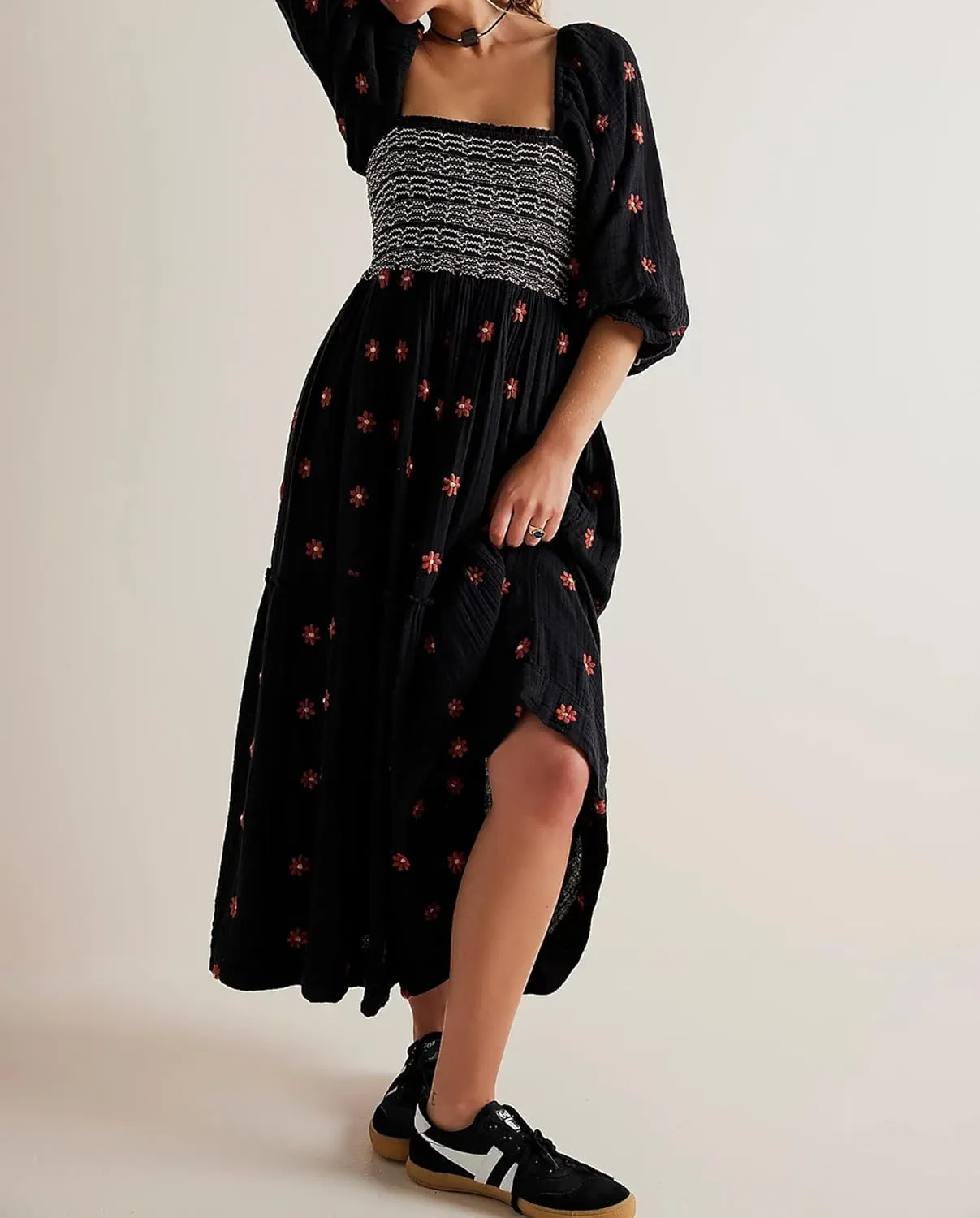 Women's Elasticity Embroidered Maxi Dress Lantern Sleeve Square Neck Tiered Flowy Vintage Long Dress