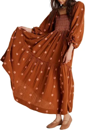 Women's Elasticity Embroidered Maxi Dress Lantern Sleeve Square Neck Tiered Flowy Vintage Long Dress