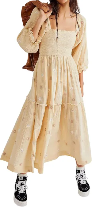 Women's Elasticity Embroidered Maxi Dress Lantern Sleeve Square Neck Tiered Flowy Vintage Long Dress