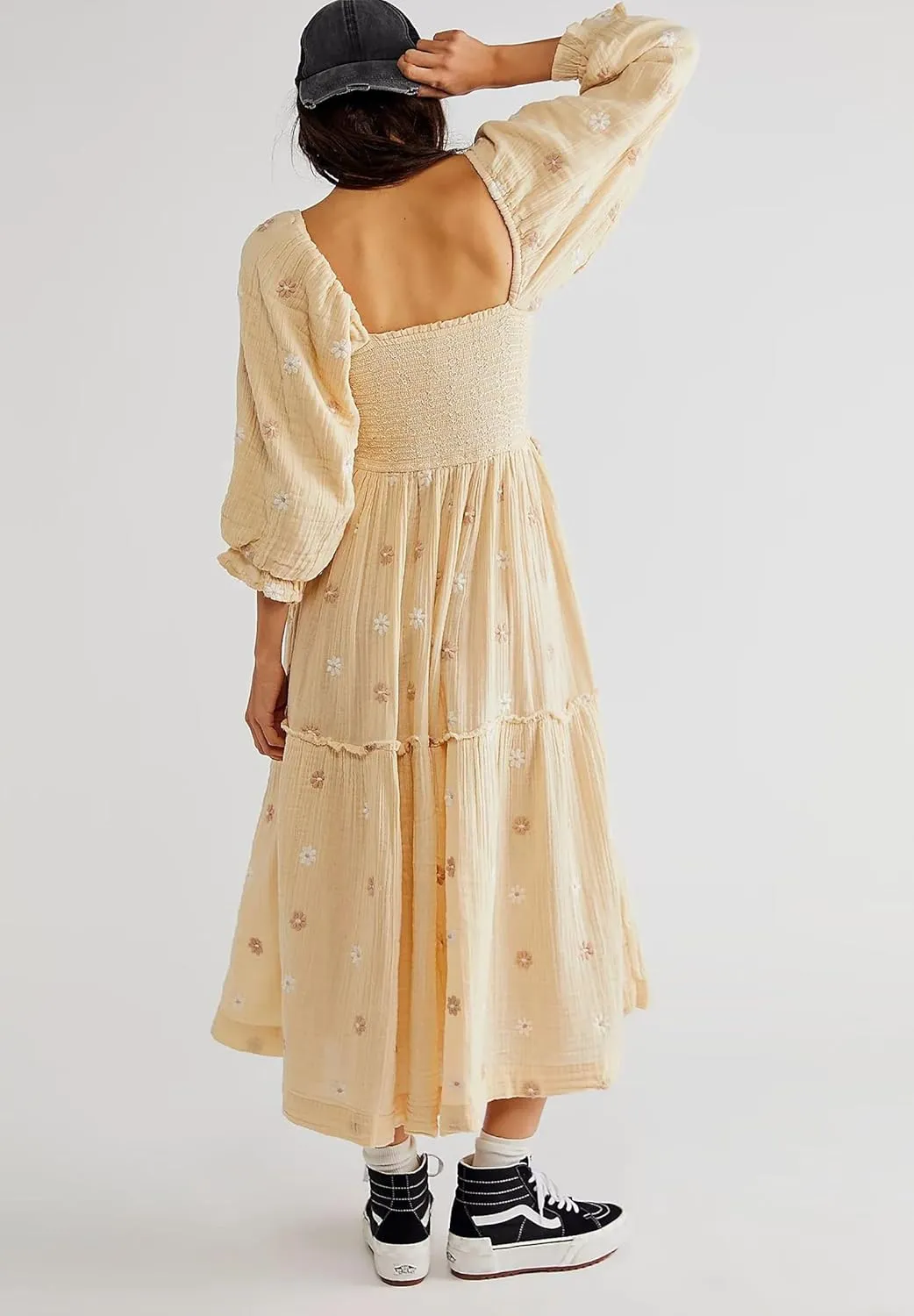 Women's Elasticity Embroidered Maxi Dress Lantern Sleeve Square Neck Tiered Flowy Vintage Long Dress