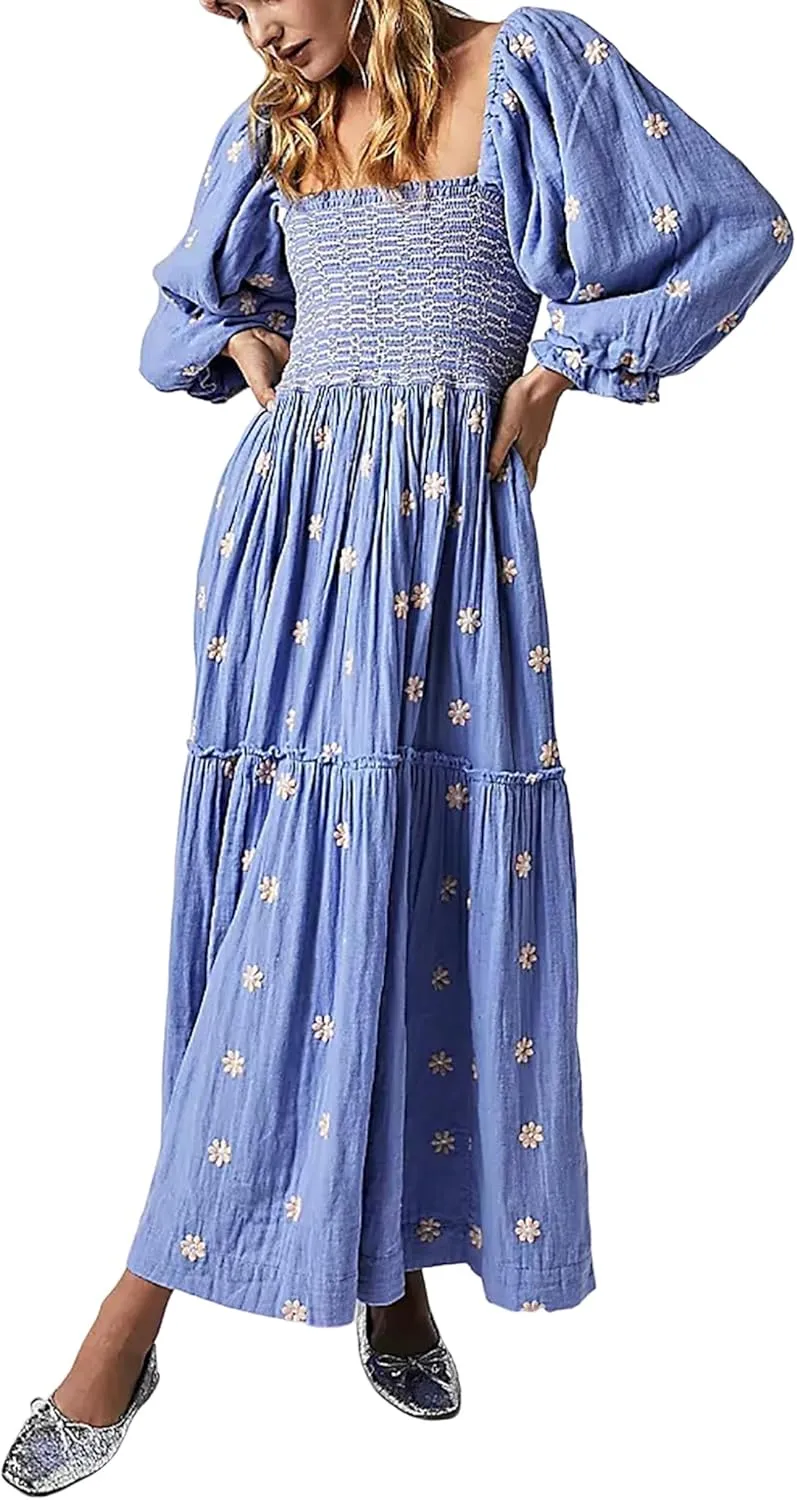Women's Elasticity Embroidered Maxi Dress Lantern Sleeve Square Neck Tiered Flowy Vintage Long Dress