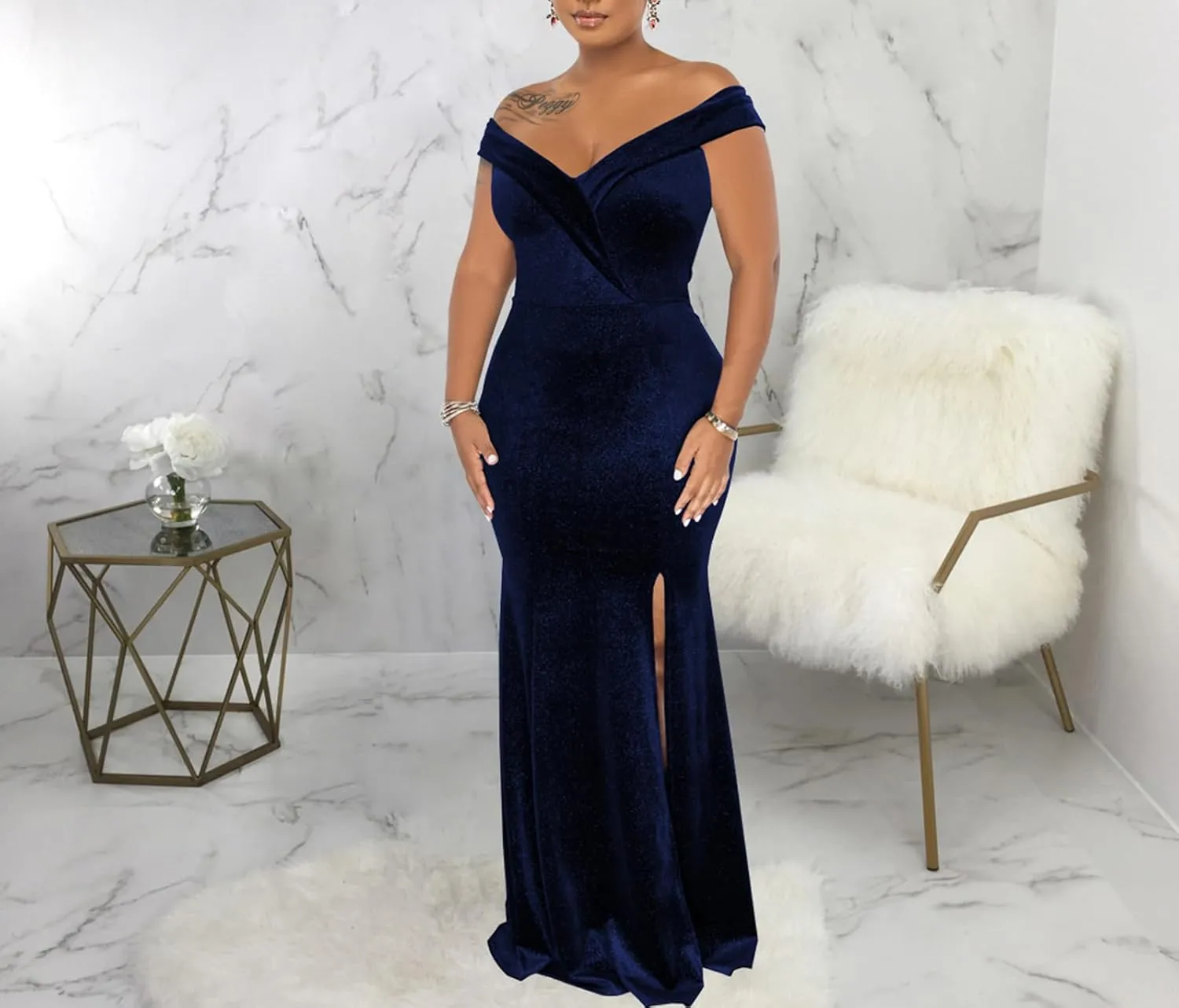 Women's Evening Gowns Formal Elegant Short Sleeve Off Shoulder Party Dress Sexy Split Wedding Guest Maxi Dresses