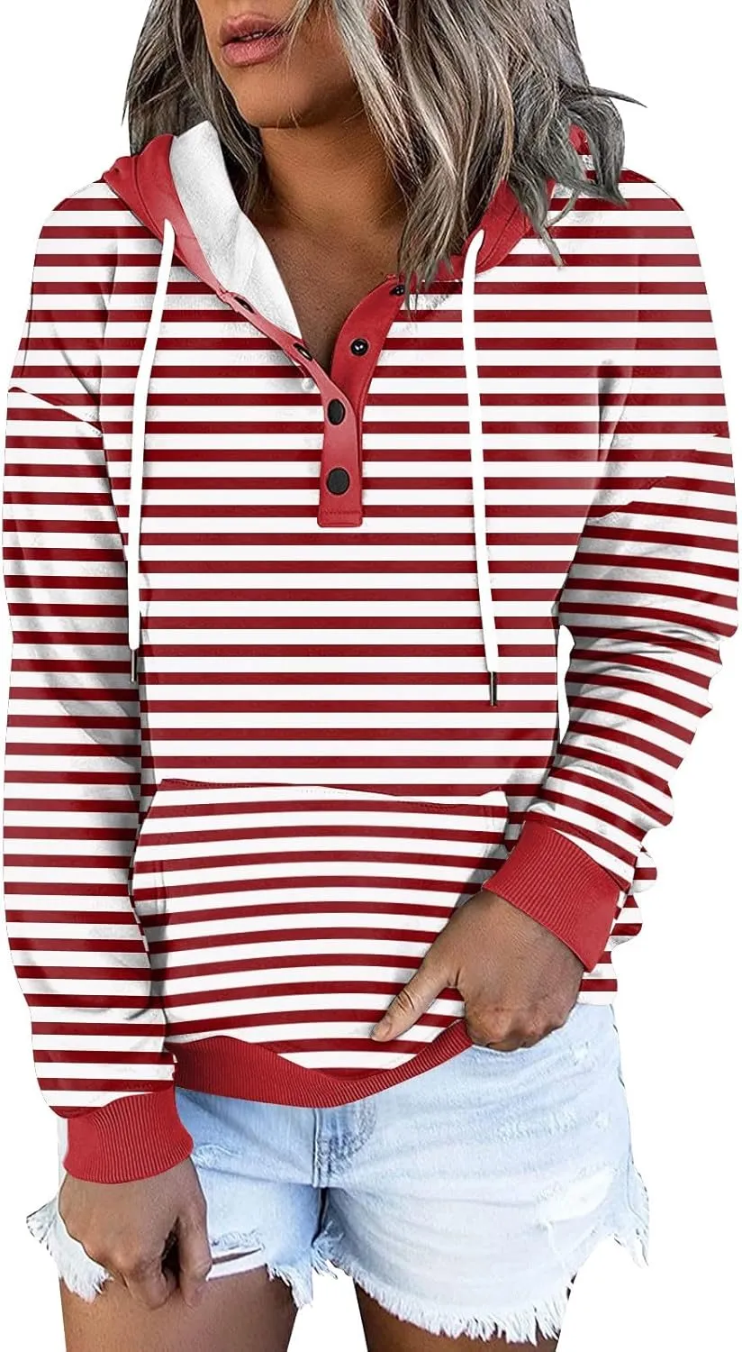 Womens Fall Sweatshirts 2024 Hoodies Button Collar Drawstring Pullover Casual Long Sleeve Tops Shirts