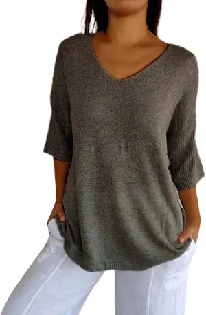 Womens Fashion Sweaters Loose V Neck 3/4 Length Sleeve Pullover Knitted Shirts Fall Solid Color Slouchy Crochet Tops