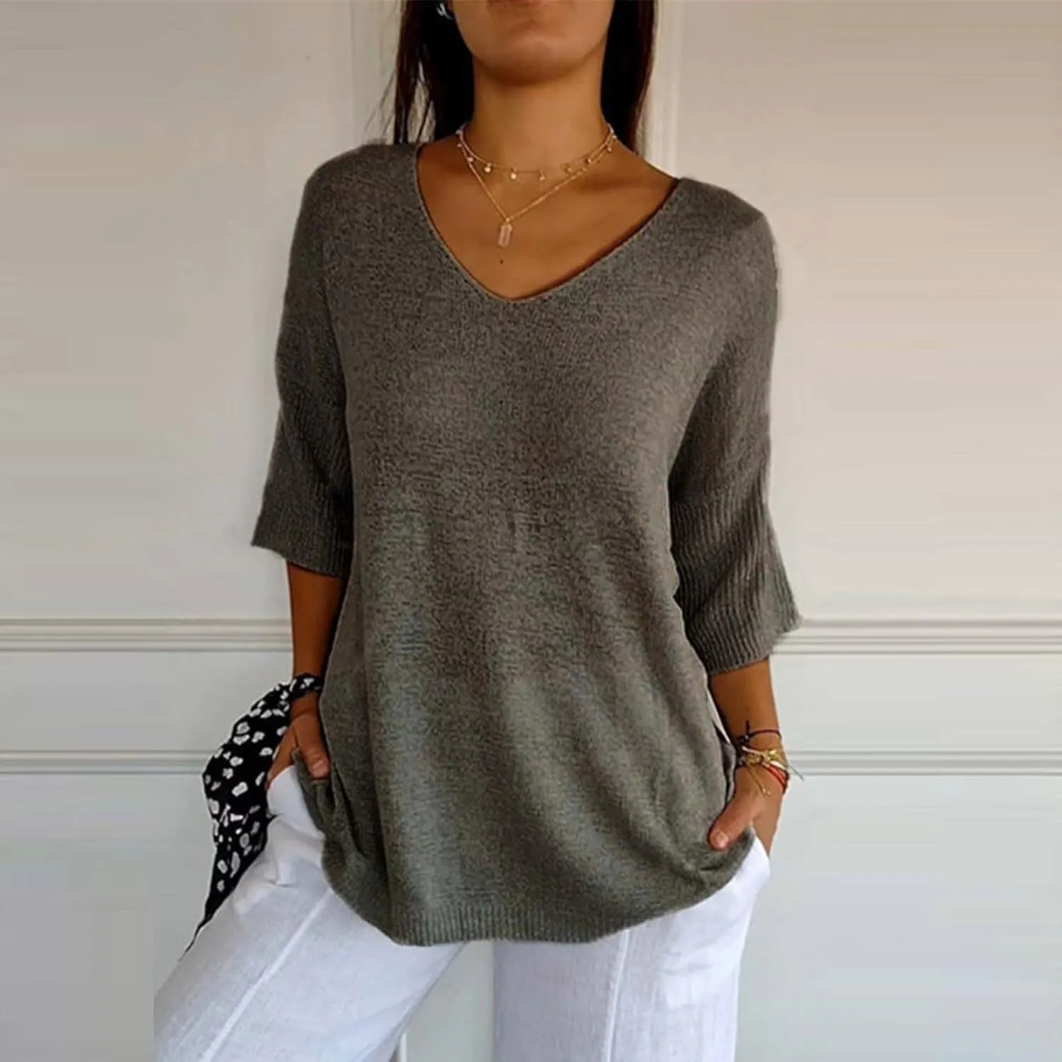 Womens Fashion Sweaters Loose V Neck 3/4 Length Sleeve Pullover Knitted Shirts Fall Solid Color Slouchy Crochet Tops