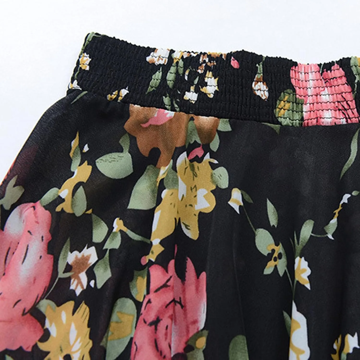 Womens Floral Print Summer Casual Midi Skirt High Waist Elastic Retro Skirts Cute Party Pleated Elastic Waist Skirt