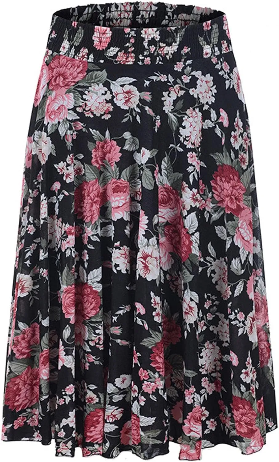 Womens Floral Print Summer Casual Midi Skirt High Waist Elastic Retro Skirts Cute Party Pleated Elastic Waist Skirt