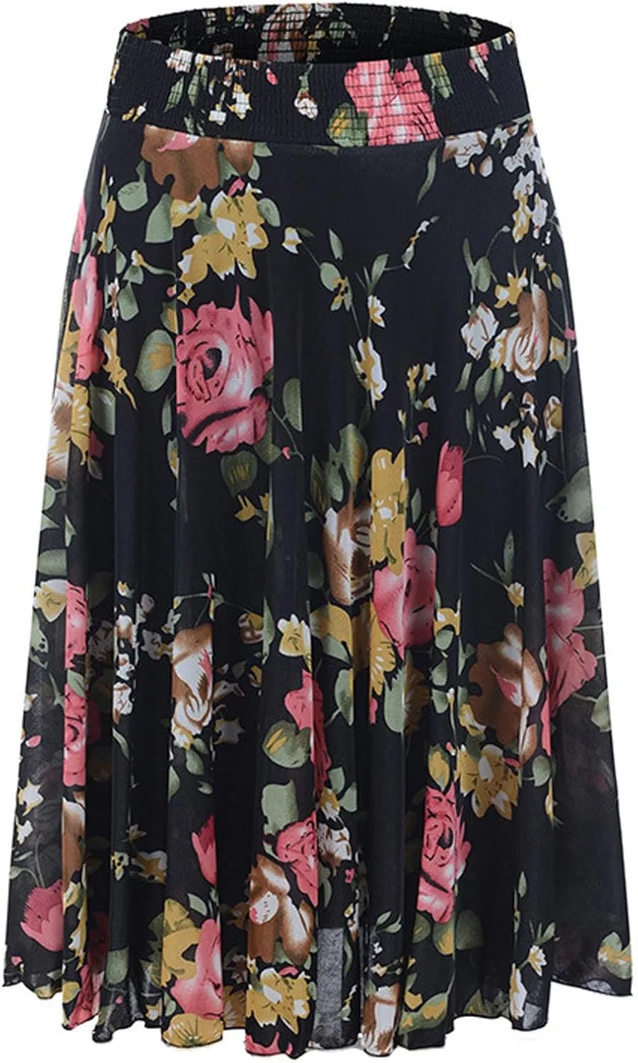 Womens Floral Print Summer Casual Midi Skirt High Waist Elastic Retro Skirts Cute Party Pleated Elastic Waist Skirt