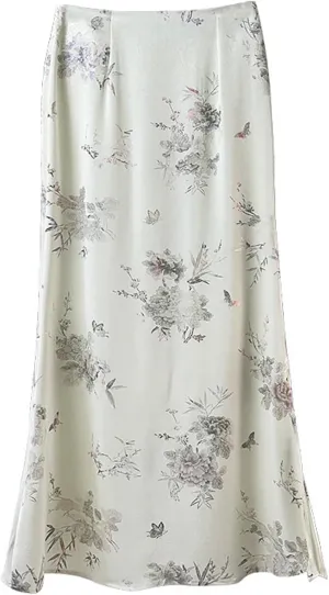 Womens Floral Satin Silk High Waisted Midi Length Skirts Summer Zipper Trendy Side Split Skirts