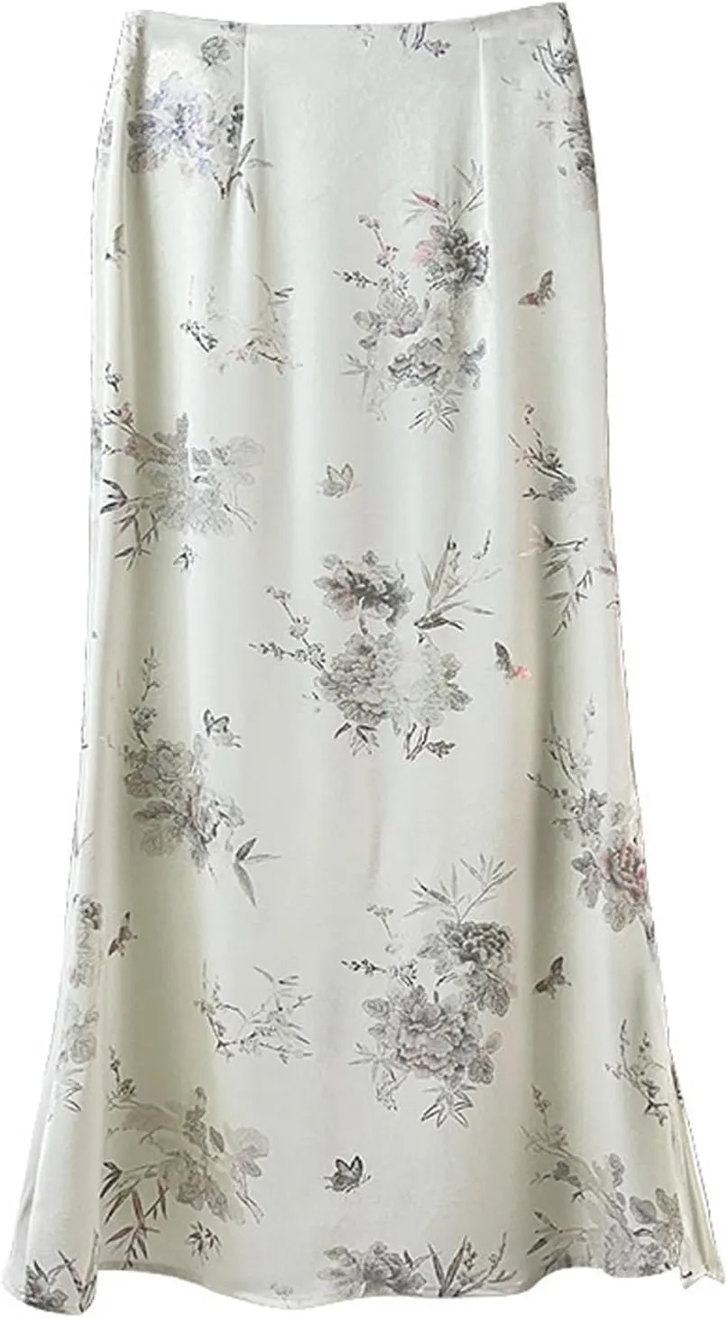 Womens Floral Satin Silk High Waisted Midi Length Skirts Summer Zipper Trendy Side Split Skirts
