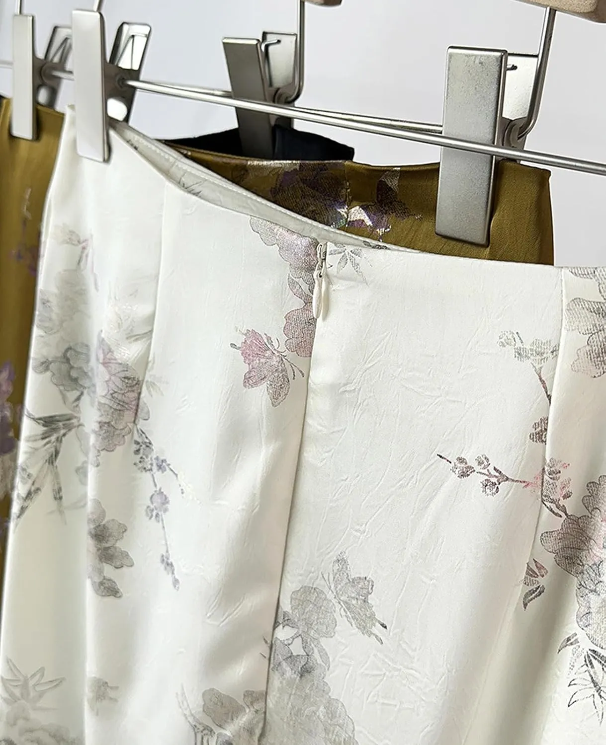 Womens Floral Satin Silk High Waisted Midi Length Skirts Summer Zipper Trendy Side Split Skirts