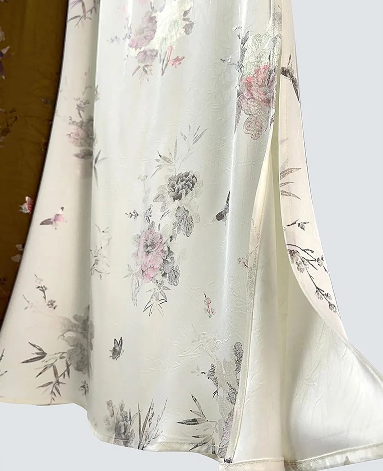 Womens Floral Satin Silk High Waisted Midi Length Skirts Summer Zipper Trendy Side Split Skirts