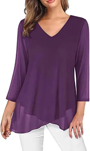 Womens Gauze T Shirts Summer Casual V Neck Long Sleeve Irregular Hem Mesh Sheer Tops Floral Print Boho Holiday Blouse