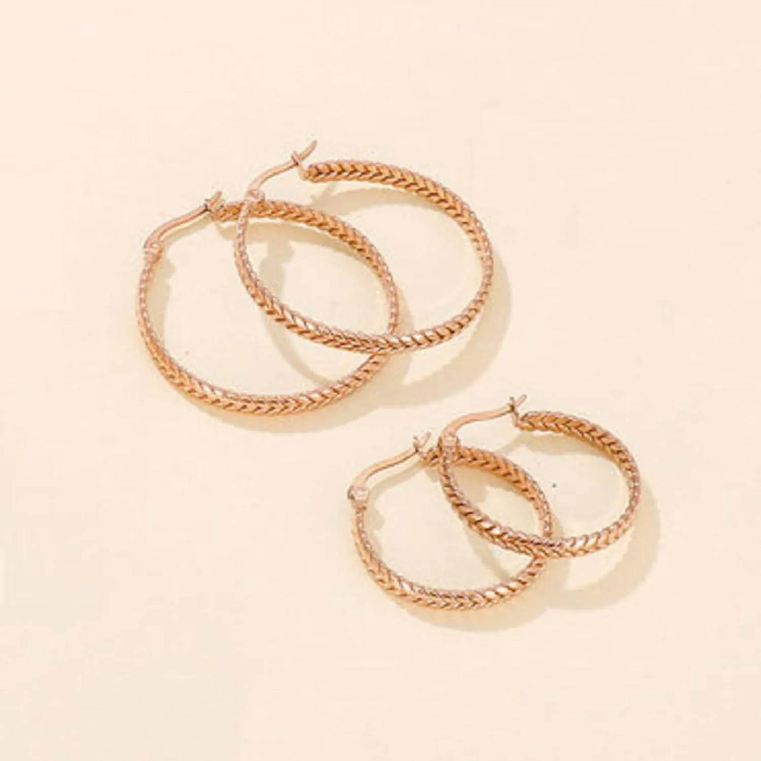 Womens Gold Wheat Pattern EarringsStainless Steel Wheat Pattern Hoop Earrings, 18K Gold Plated, 35mm and 25mm Sizes