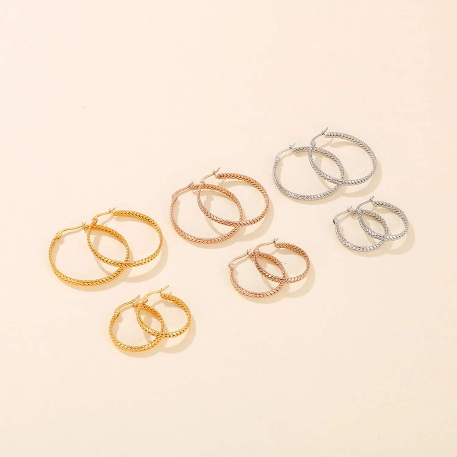 Womens Gold Wheat Pattern EarringsStainless Steel Wheat Pattern Hoop Earrings, 18K Gold Plated, 35mm and 25mm Sizes