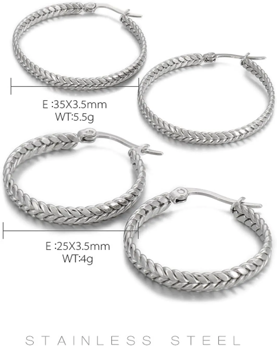 Womens Gold Wheat Pattern EarringsStainless Steel Wheat Pattern Hoop Earrings, 18K Gold Plated, 35mm and 25mm Sizes