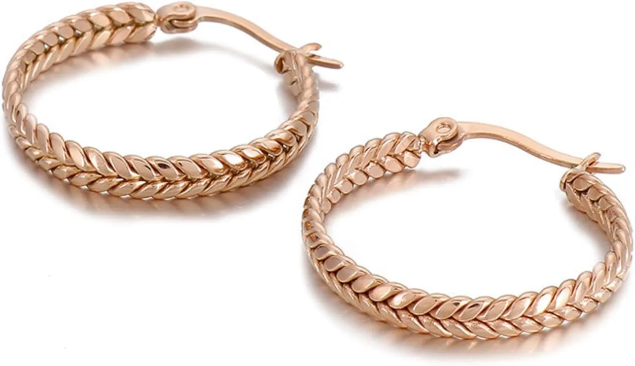 Womens Gold Wheat Pattern EarringsStainless Steel Wheat Pattern Hoop Earrings, 18K Gold Plated, 35mm and 25mm Sizes
