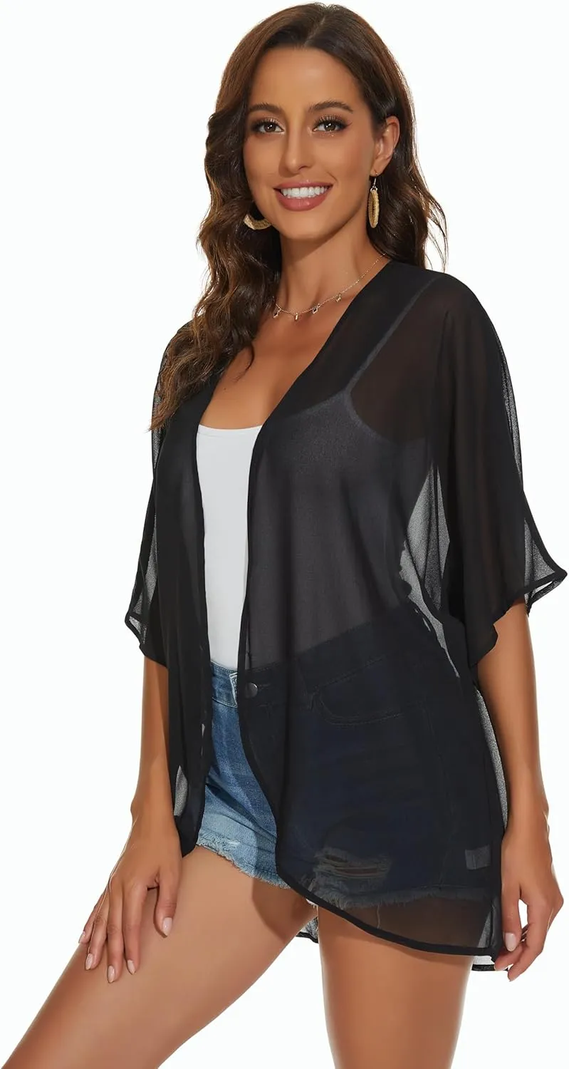 Womens Kimono Cardigans Beach Cover ups Swimwear Puff Sleeve Loose Casual Summer Tops