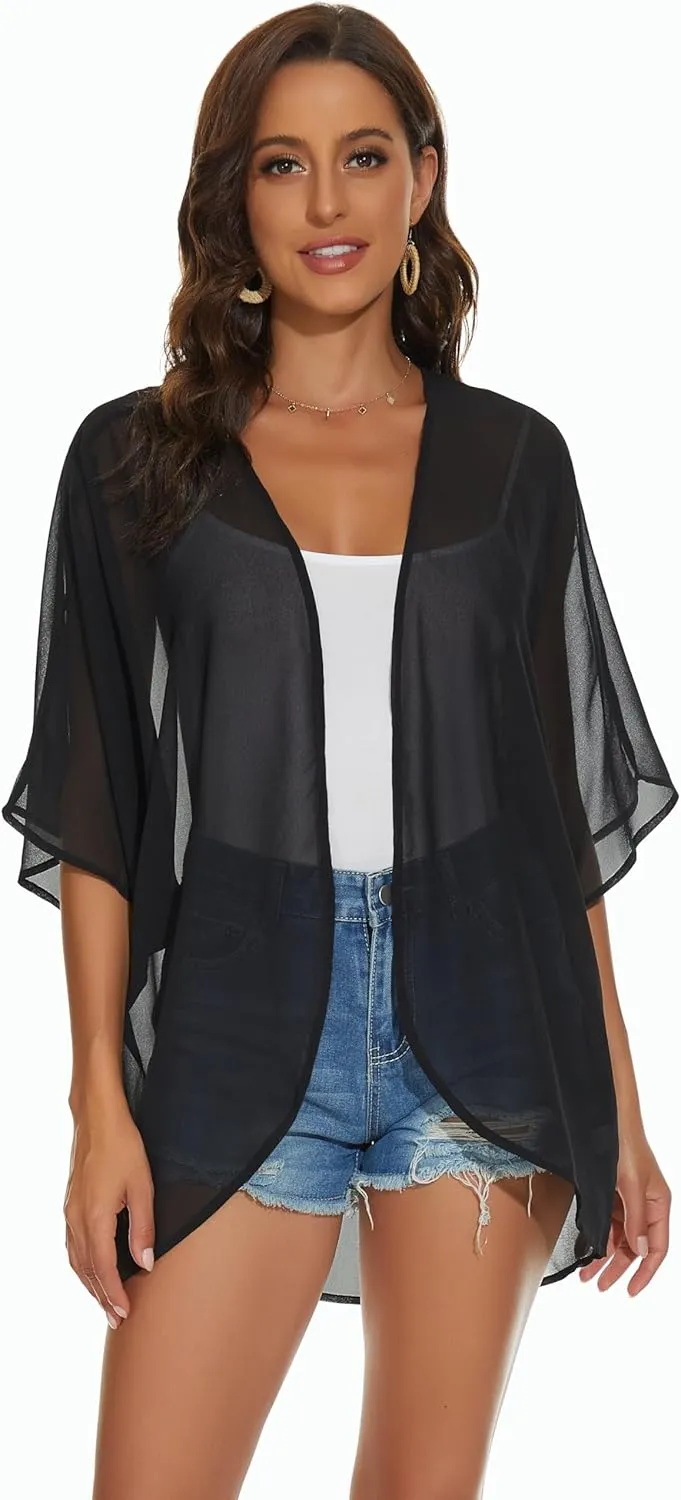 Womens Kimono Cardigans Beach Cover ups Swimwear Puff Sleeve Loose Casual Summer Tops