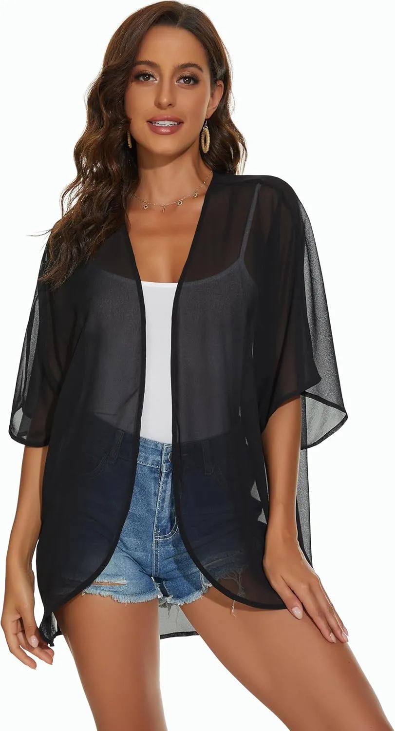 Womens Kimono Cardigans Beach Cover ups Swimwear Puff Sleeve Loose Casual Summer Tops