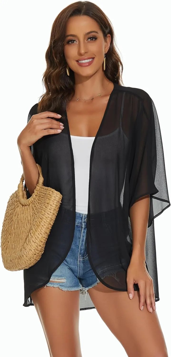 Womens Kimono Cardigans Beach Cover ups Swimwear Puff Sleeve Loose Casual Summer Tops