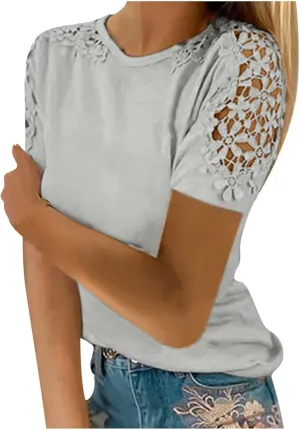Womens Lace Stitching Short Sleeve Crewneck T-shirts Simple Solid Color Tops Fashion Casual Shirt