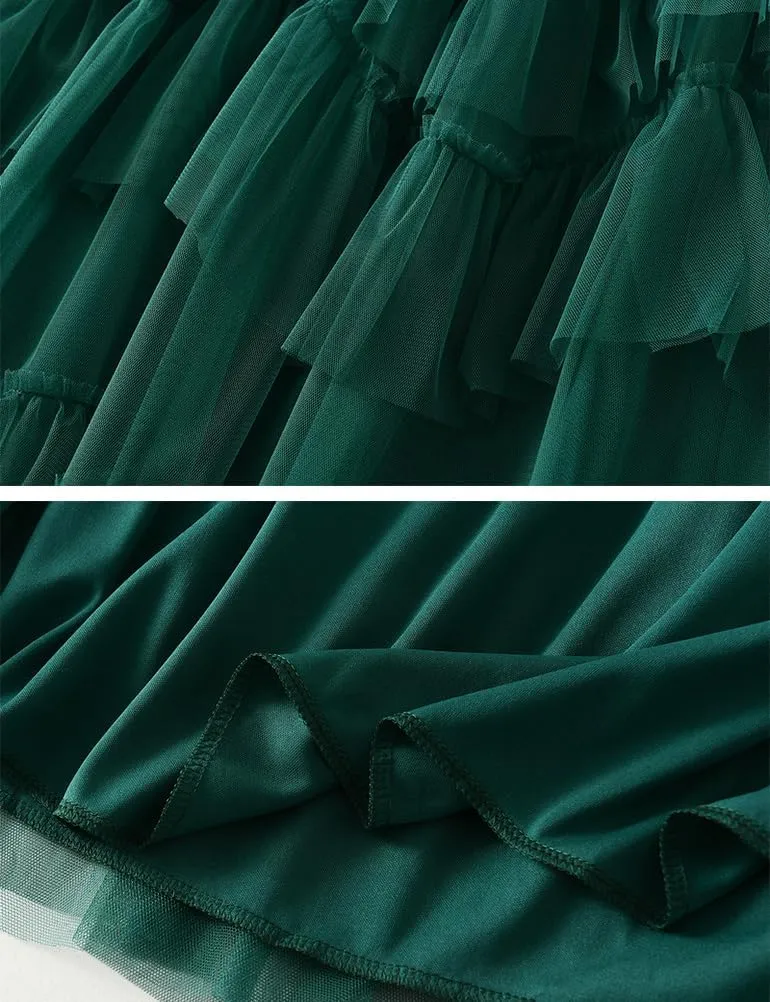 Womens Layered Fluffy Tulle Skirts Trendy High Waisted Mesh Fairy Pleated Ruffle Midi Skirt