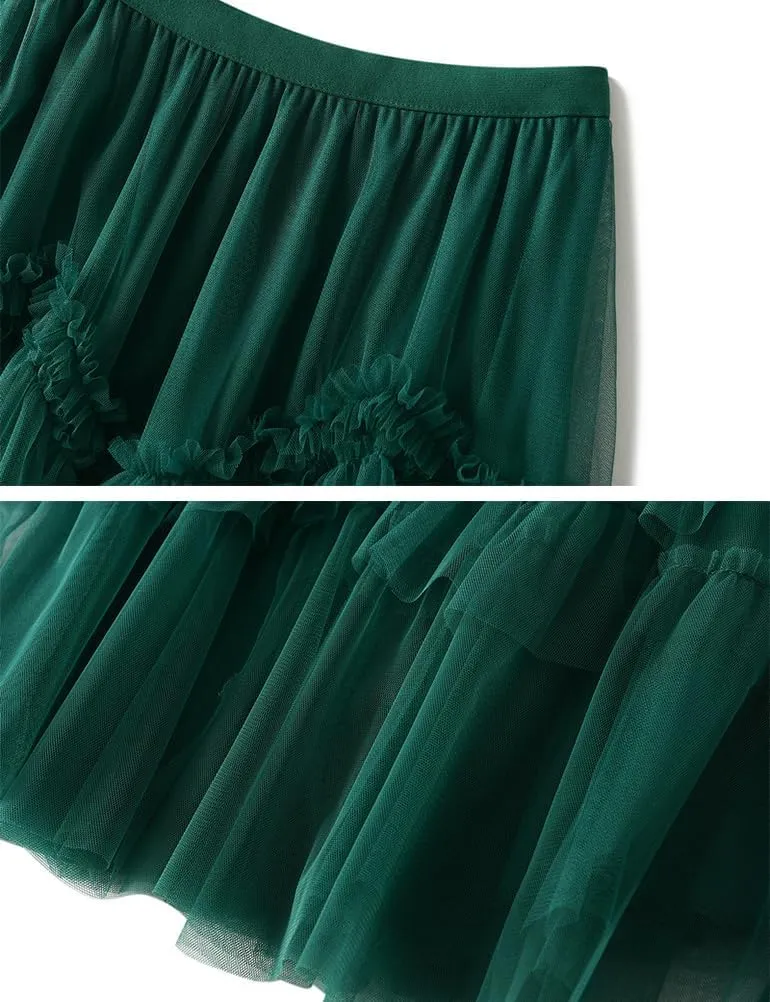 Womens Layered Fluffy Tulle Skirts Trendy High Waisted Mesh Fairy Pleated Ruffle Midi Skirt