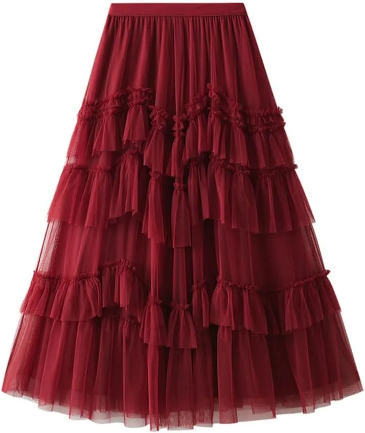 Womens Layered Fluffy Tulle Skirts Trendy High Waisted Mesh Fairy Pleated Ruffle Midi Skirt