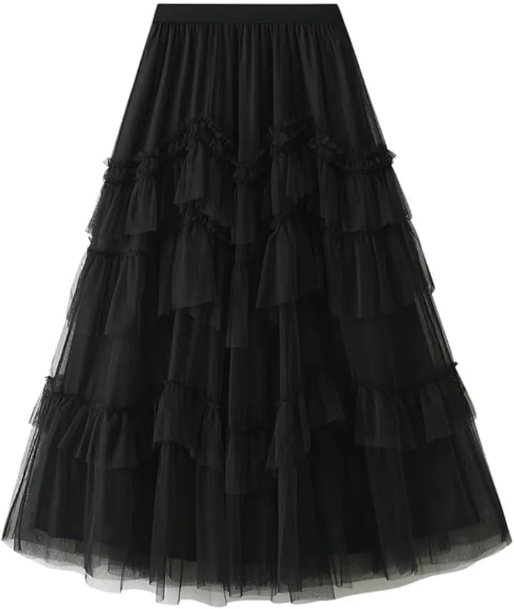 Womens Layered Fluffy Tulle Skirts Trendy High Waisted Mesh Fairy Pleated Ruffle Midi Skirt